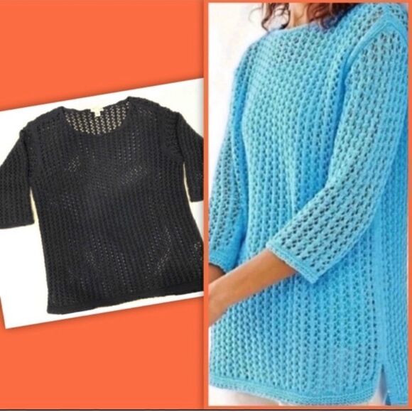 J JILL OPEN STITCH KNIT AEGEON BLUE TUNIC SWEATER - Picture 1 of 5